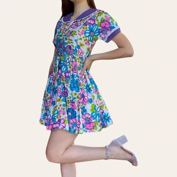 Handmade flower power vintage 60s retro mini babydoll floral dress (XXS/XS) - Picture 4 of 8